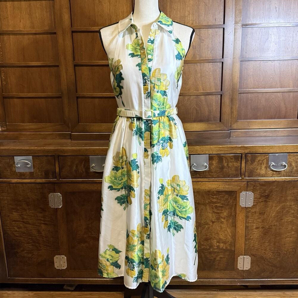 Belle Badgley Mischka Greta Backless Midi Dress Size 6 Green Cream Floral Print - Picture 1 of 13
